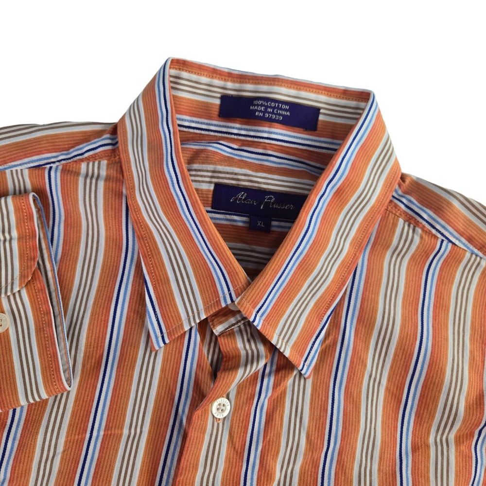 Alan Flusser Mens XL Orange Blue Striped Cotton Long Sleeve Button Down Shirt